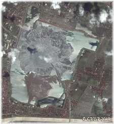 LUSI mud volcano, copyright CRISP 2010. Distant aerial view (courtesy Channel 9 Australia)